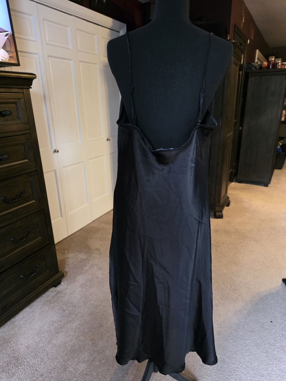 Bebe Black Satin Cowl Neck Slip Dress | XL | Adjustable Straps | Midi Dress - Picture 2 of 3